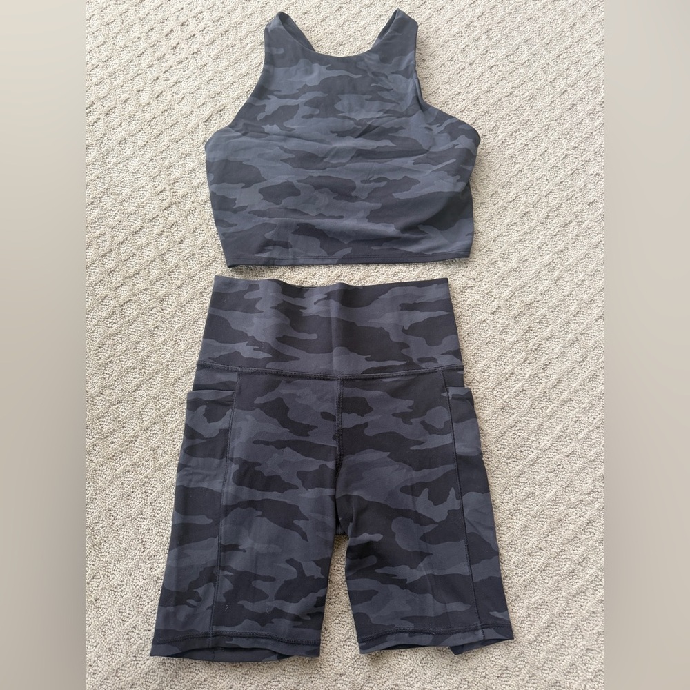 Athleta Salutation Stash 7” shorts & Conscious Crop Tank in black Camo